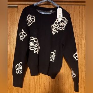 T Tahari Black Sweater with White Floral Accents
